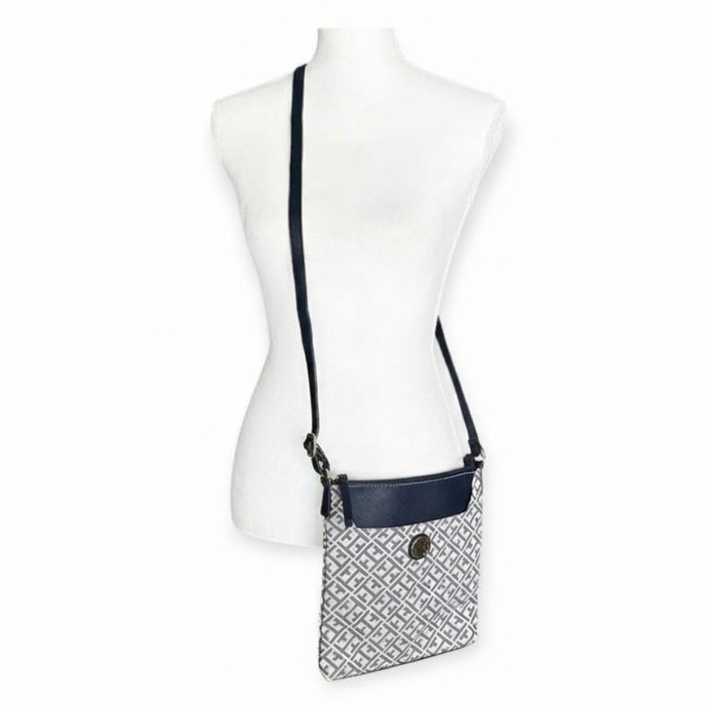 TOMMY HILFIGER Monogram Crossbody / Shoulder Bag Blue White Jacquard Gold Trim